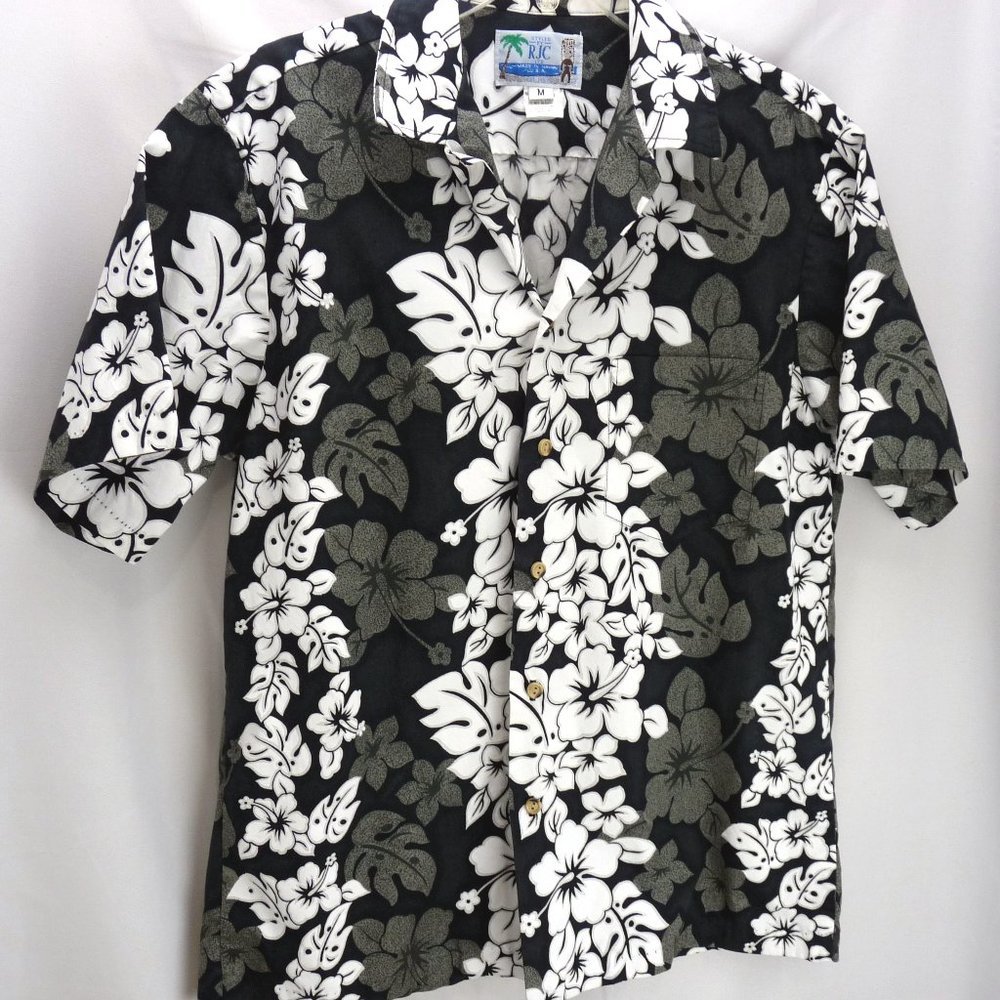 Vintage Styled by RJC Hawaiian Shirt Mens Size M Button Down Black & White